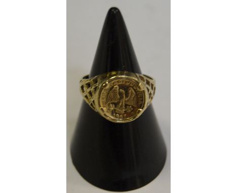 A coin top ring, 1867 Libertad Justica, 9ct gold shank, 2.5g gross