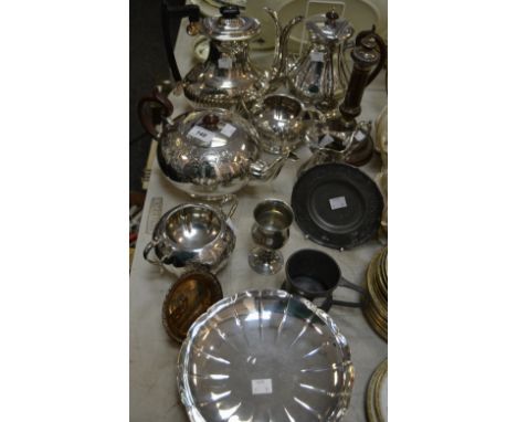 Silver Plated Ware - a silver plated four piece tea service, chased and engraved overall; a stop fluted coffee pot, ebonised 