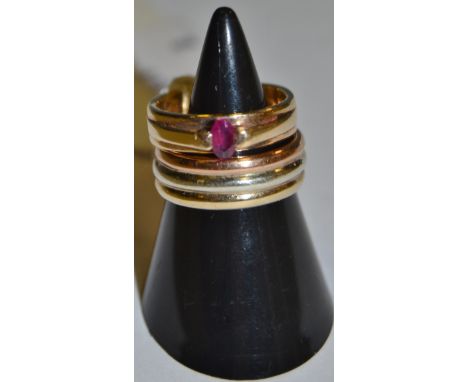 Jewellery - a 9ct 3 colour gold wedding band, size J; a gold ruby solitaire ring indistinctly marked, size S, gross weight 8.