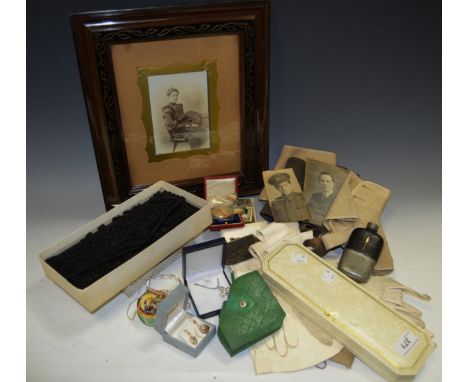 Ladies Ephemera - faux pearls; manicure set; kid evening gloves; Mourning ring; black beaded evening purse; etc qty 