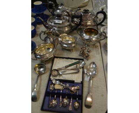 Silverplate - a Victorian three piece tea service, engraved floral motif;  another;  spoons, cruet; etc qty