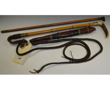 A horn handled, bamboo shaft whip; a swagger stick, malacca shaft; Dog Head terminal; a Tribal whip, snakeskin handle (3)