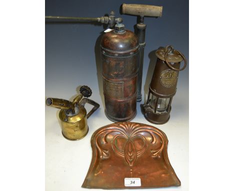 Metalware - an Eccles No 6 Miners lamp; a Primus brass blow torch; a French early 20th Century copper water spray; a copper A
