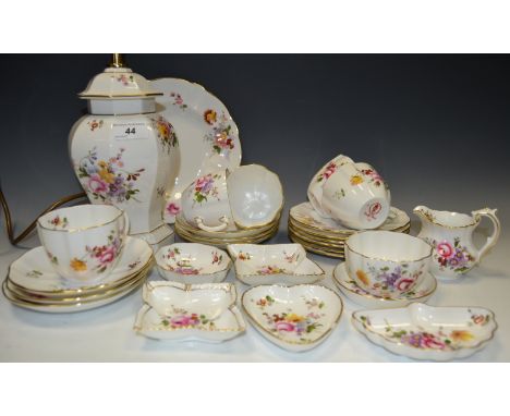 A Royal Crown Derby 'Derby Posies' pattern tea service for six; a Royal Crown Derby lamp base; trinket trays; etc