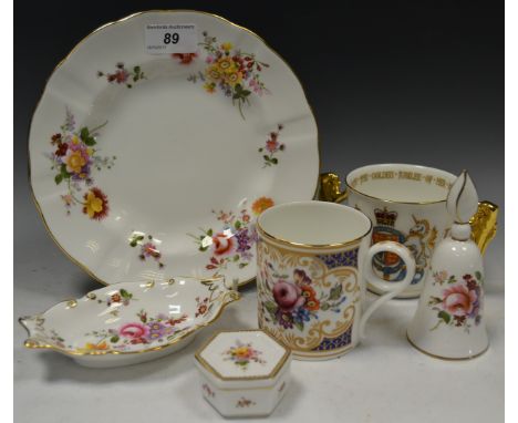 A Royal Crown Derby Posies pattern table bell plate; trinket box; commemorative mugs