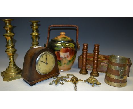 Ephemera - a small oak mantel clock, c.1930; a pair of George III brass candlesticks; a biscuit tin, Macfarlane and Lang, Gla