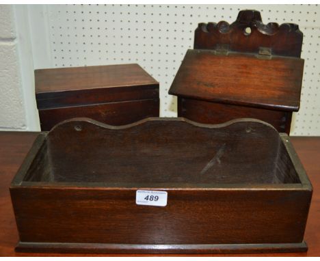 Boxes and Objects - a George III wall hanging candle box, carved super structure, hinged cover; a 19th century simplistic tea