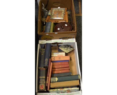 An Art Deco mantel clock, trio winding holes; enamel stew pot and cover; books etc qty (2 boxes)