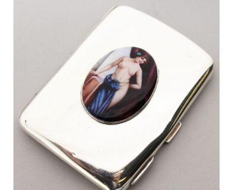A SILVER CIGARETTE CASE WITH LATER ENAMEL OF A FEMALE NUDE.