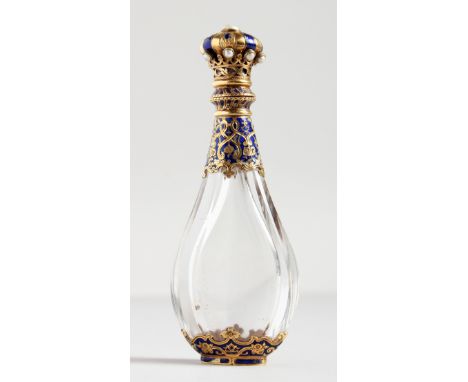 A SUPERB 19TH CENTURY FRENCH CRYSTAL, GOLD, BLUE ENAMEL AND PEARL SET SCENT BOTTLE with hinged top. 4.75ins long.