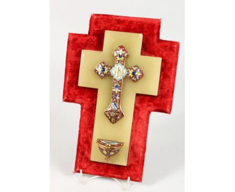 A GOOD ONYX AND CHAMPLEVE ENAMEL HOLY WATER FONT. 9ins long, 5.5ins wide, in a velvet panel.