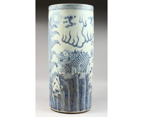 A CHINESE BLUE AND WHITE DECORATED PORCELAIN STICK STAND. 2ft 0ins high.