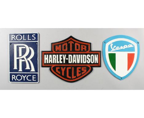 HARLEY DAVIDSON, VESPA, ROLLS ROYCE - THREE NOVELTY CAST IRON SIGNS. Various Sizes.