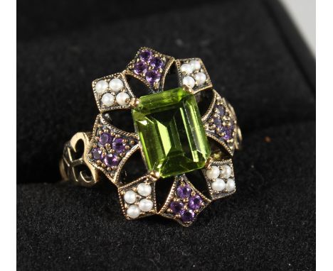 A 9CT GOLD, AMETHYST, PEARL AND PERIDOT RING.