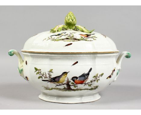 A SUPERB 18TH CENTURY MEISSEN PORCELAIN OVAL TWO HANDLED TUREEN AND COVER, with pineapple finial and painted with birds and m