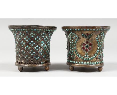 TWO ENAMEL JARDINIERES with bead work decoration. 3ins high.