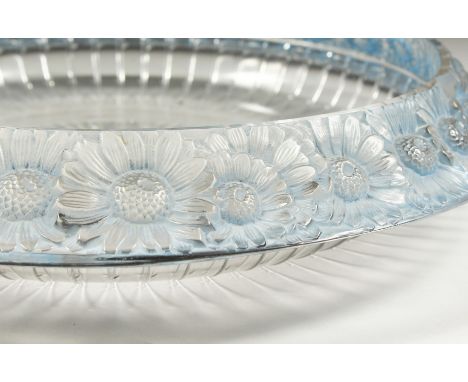A GOOD LALIQUE CIRCULAR BOWL, with CHRYSANTHEMUMS. Etched R. LALIQUE, FRANCE.  13ins diameter.
