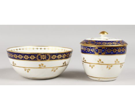 A CAUGHLEY SUCRIER AND COVER, and matching bowl, both decorated in blue and gilt, blue 'S' mark to base.