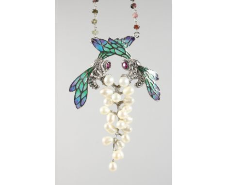 A SILVER RUBY EYE DRAGONFLY AND PEARL NECKLACE.