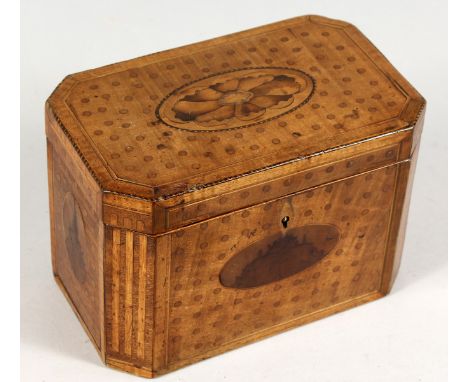 A GOOD GEORGE III INLAID TEA CADDY, converted to a jewellery box with red velvet interior. 7.5ins long.