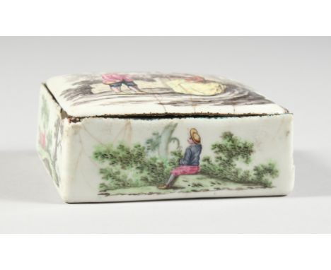 AN 18TH CENTURY ENAMEL BOX AND COVER, the top with a shepherdess and boy, the sides with rural scenes. 3.25ins long x 2.5ins 