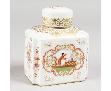 A FRENCH PORCELAIN CADDY AND COVER with Chinese decoration. 4ins high.