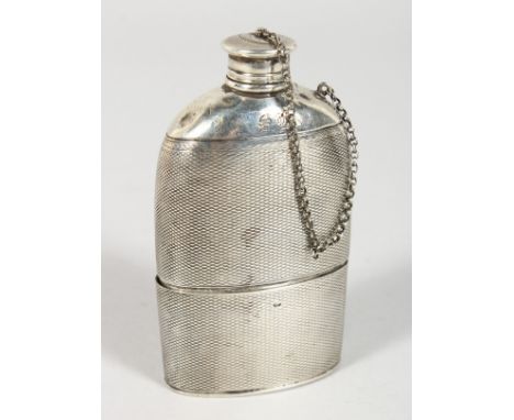 A WILLIAM IV ENGINE TURNED HIP FLASK, with crest, stopper and chain. London 1836.  Maker: Jacob Wintle.