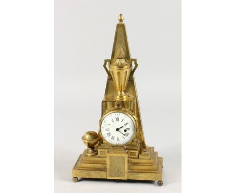 A VERY GOOD UNUSUAL FRENCH OBELISK SHAPED CLOCK, with verge movement by GOSSELIN, PARIS, enamel dial with blue and white Roma