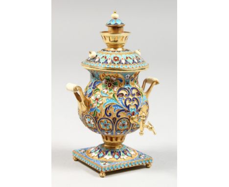 A MODERN RUSSIAN SILVER AND CHAMPLEVE ENAMEL MINIATURE SAMOVAR. 4ins high.