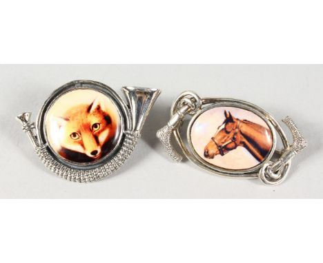 TWO SILVER AND ENAMEL HUNTING BROOCHES, Horse and Fox.
