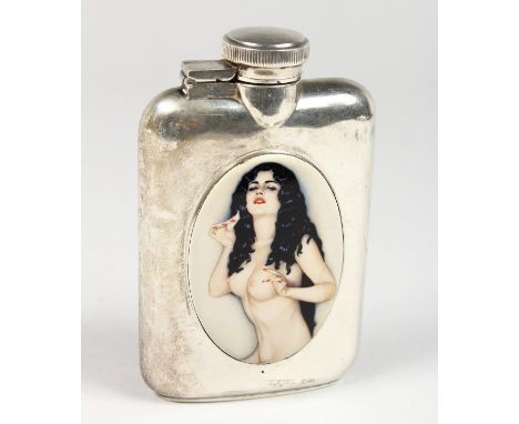 A SILVER HIP FLASK WITH LATER ENAMEL OF A FEMALE NUDE.&nbsp;12cm x 7.5cm