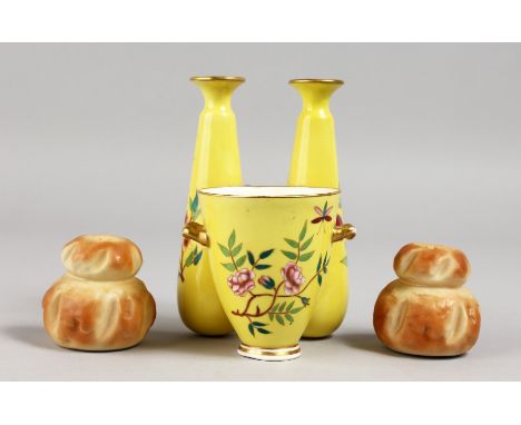 A ROYAL WORCESTER JAPANESQUE TRIPLE FORMED VASE, and a pepper and salt shaker in the form of a cottage loaf.