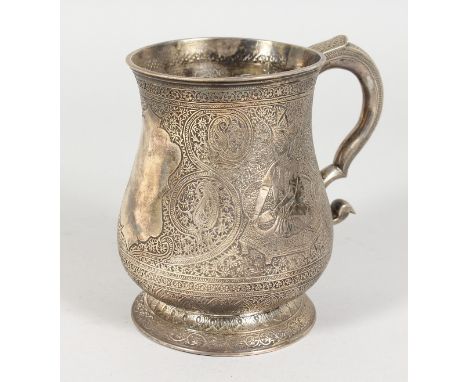 AN EARLY INDIAN COLONIAL SILVER PINT TANKARD, chased decoration. Maker's mark: I. R.