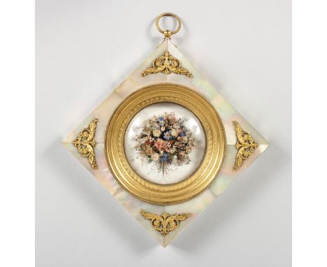 A SUPERB SQUARE PALAIS ROYAL PLAQUE, mother-of-pearl surround, the centre with flowers. 5.5ins.