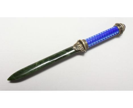 A GOOD MODERN RUSSIAN SILVER LETTER OPENER, with enamel decorated handle and jade blade. 9ins long.