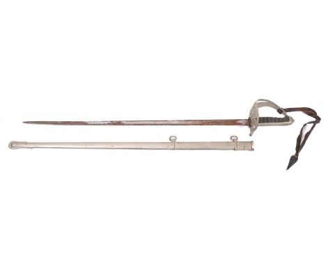 A George V Infantry dress sword. The straight single edge fullered blade with acid etched decoration, 'GRV' cipher over a pie