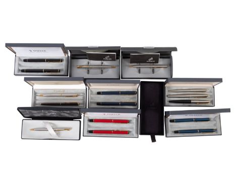 A collection of ten Parker pen sets. Comprising fountain and ballpoint pens in a range of colours, boxed.