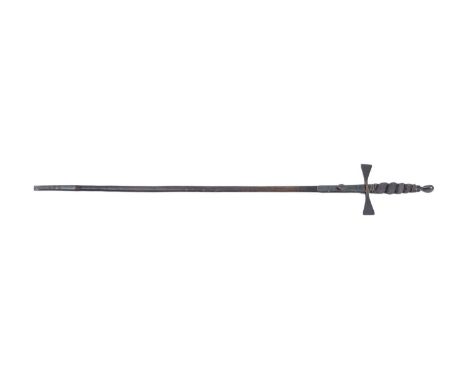 A Masonic court sword. The straight metal blade with metal cross guard and fish skin handle, in a leather and metal scabbard,