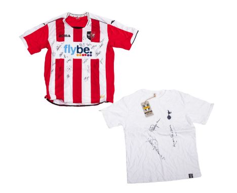 Two signed football shirts. Comprising a Tottenham training shirt bearing signatures from Jimmy Greaves plus an Exeter City h