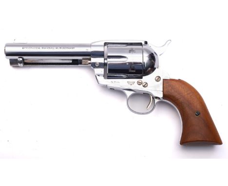 A  HS (Germany) replica  Colt Single- Action Revolver Model A121A2,  nickel plated finish with two piece wooden grip, togethe