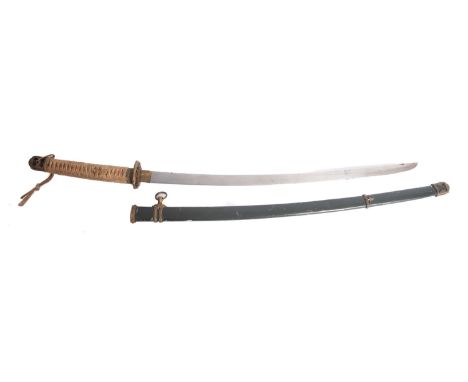 An early 20th century katana, the slightly curved single edge blade with brass habki and gilt brass tsuba over a cord bound g
