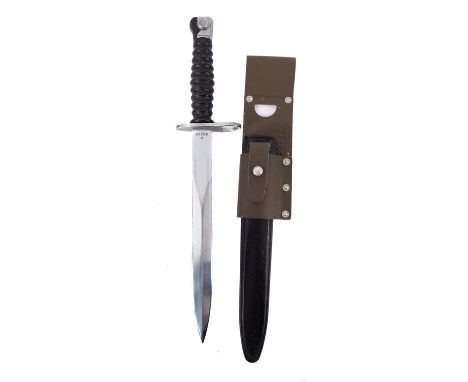 A Swiss STG 57 Bayonet and Scabbard. Having a steel blade and plastic handle and scabbard, no. W64032, blade length 24cm.