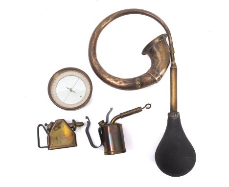 A collection of  various brassware Comprising a no. 14 car horn, an Optimus 301 blow torch/lamp, a glazed Becker Hatton Wall 