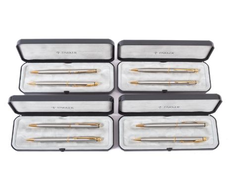 A collection of four Parker pen and pencil sets. Comprising a ballpoint pen and propelling pencil, all in silver and in origi