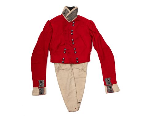 South Devon Militia. A Victorian red wool double breasted tunic/overcoat, with silver trimmed white wool collar and cloth ins