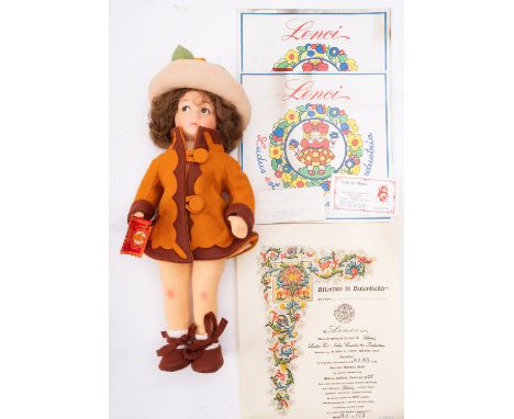 A Lenci 'Marisa' linen head doll, circa 1999, brown wig, painted face over articulated body dress in beige hat and brown over