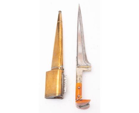 A late 19th century North Indian pesh kabz, the triangular form single edge blade with geometric decorated  back and hilt , h