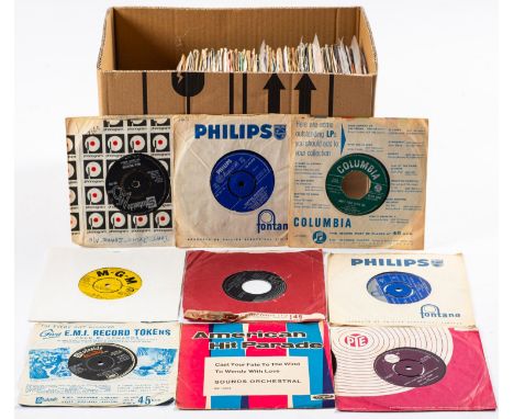 A collection of 45 RPM records. Comprising a range of genres noting Kiss, U2 and Buddy Holly etc. 