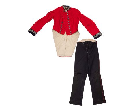 A Victorian red wool tailcoat tunic, circa 1840,  probably South Devon Militia, the black felt collar and cuffs with silver e