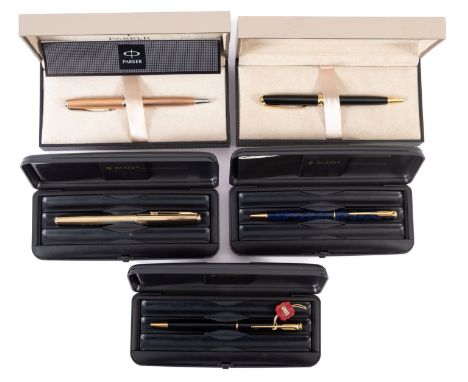 A collection of five Parker Sonnet ballpoint pen sets. In a range of colours noting blue, all in original boxes.